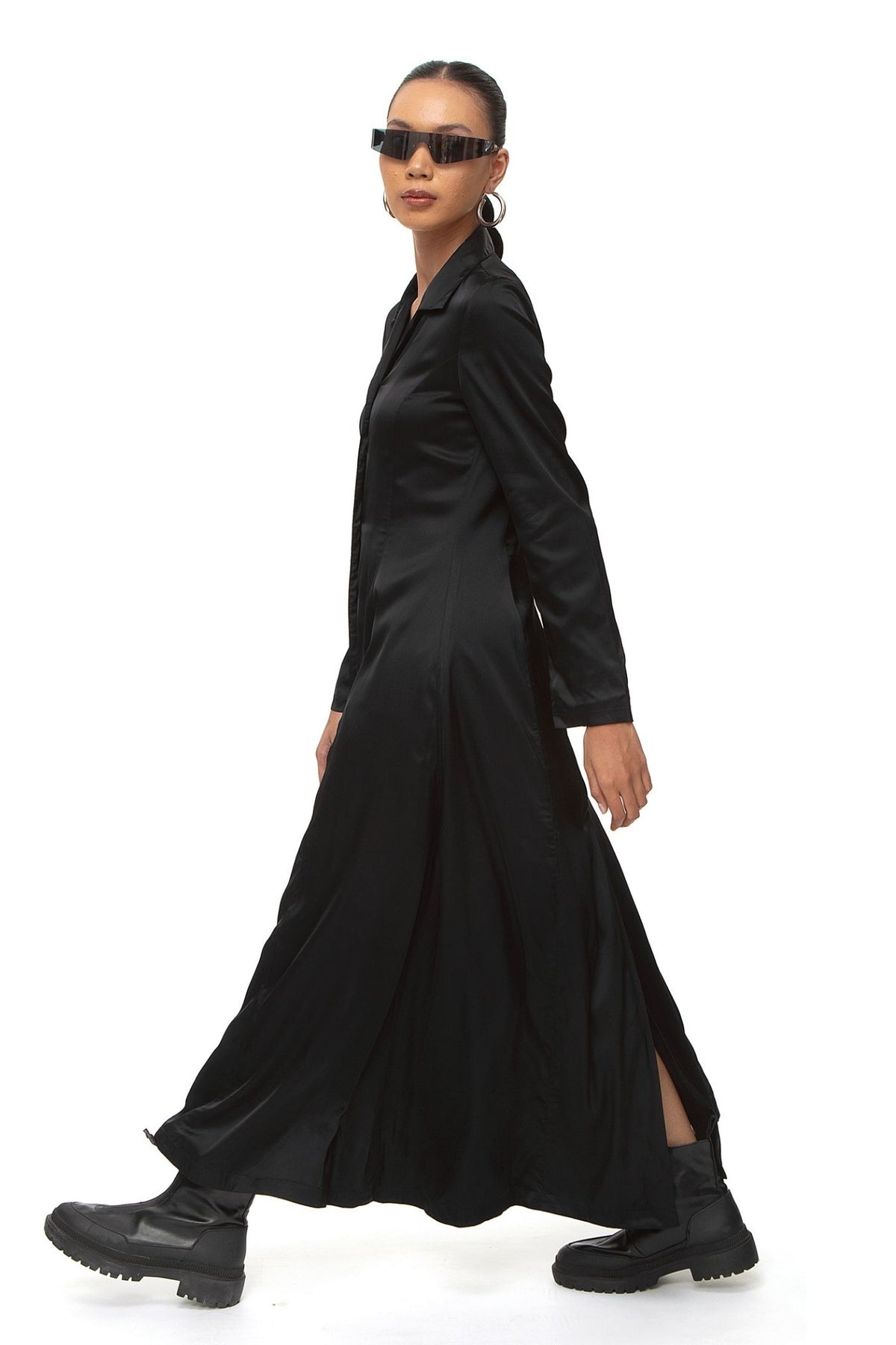 Nil Satin Maxi Shirt Dress — Black