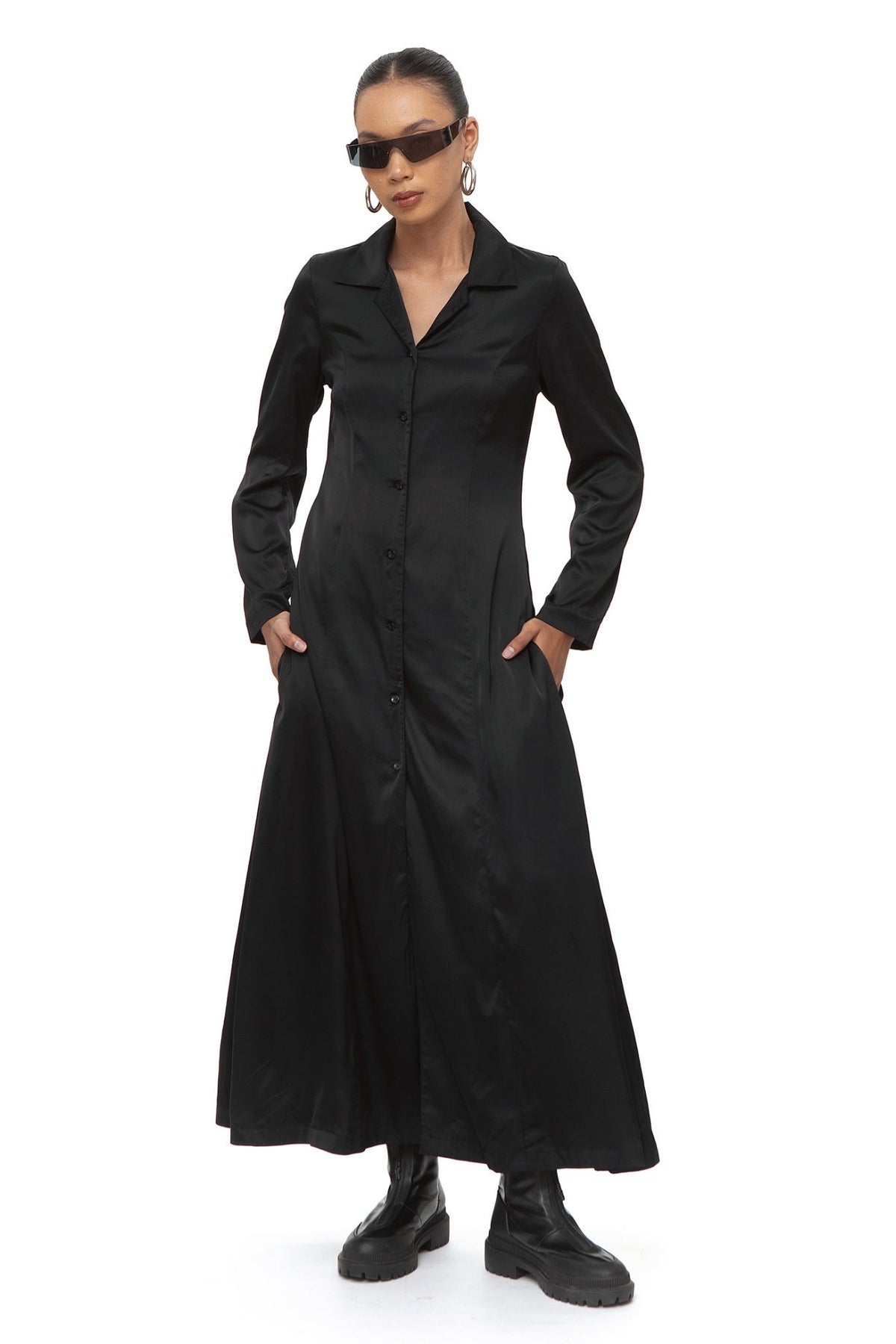 Nil Satin Maxi Shirt Dress — Black