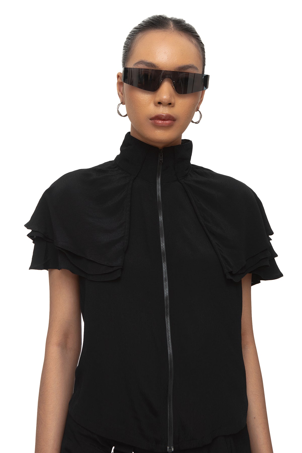 Amosis Ruffle Zip Top — Black